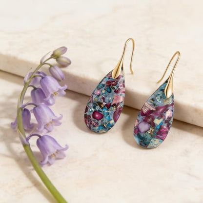 Boho Natural Imperial Jasper Teardrop Dangle Earrings for Women – Hypoallergenic French Hook Stone Drop Earrings Jewelry - color: Red Blue Golden Hook