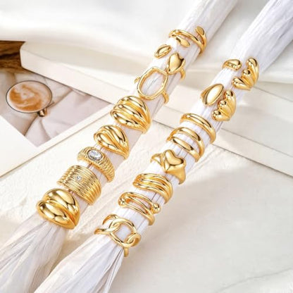Chunky Rings for Women Non Tarnish 14k Stackable Dome Statement Rings Sets Vintage Dainty Knuckle Open Midi Finger Rings Jewelry Pack Gifts - style: Gold 16PCS