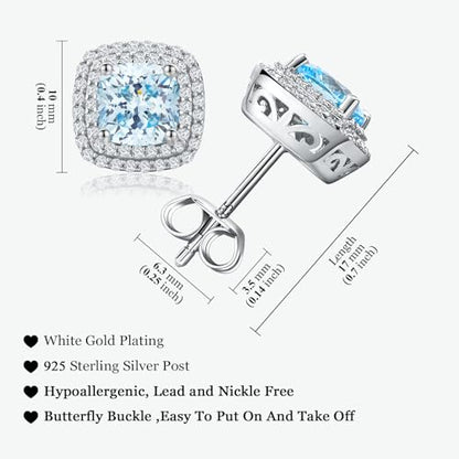 Dainty Birthstone Earrings for Women Sterling Silver Small Stud Earrings with Halo Cushion/Round Created Gemstone Earrings Birthstone Jewelry - style: A 03. Mar./created aquamarine-cushion cut