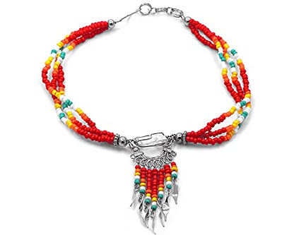 Mia Jewel Shop Native American Inspired Wire Wrapped Clear Quartz Crystal Seed Beaded Dangle Multi Strand Anklet - Womens Fashion Handmade Jewelry Boho Accessories - color: Red