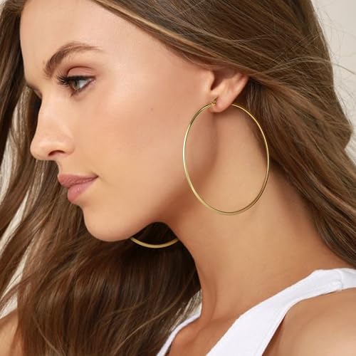 3mm Wide Large Hoop Earrings for Women Hypoallergenic 925 Sterling Silver Post Gold Earrings Lightweight Silver Hoop Earrings Oversize Big Gold Hoops 30/40/50/60MM - color: Gold, size: 60mm