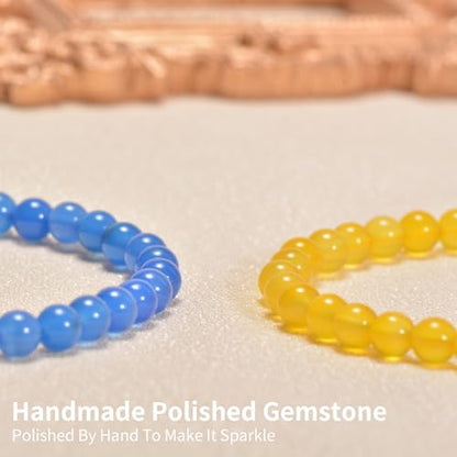 2PCS Agate Bracelet for Women Men Natural Round Beaded Agates Stone Healing Stretch Bracelets Elastic Handmade Polished Gemstone Beads Bracelet - color: Yellow+Blue, size: 6mm Beads