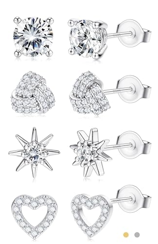 SAILIMUE Hypoallergenic Sterling Silver Stud Earrings for Women Men | Brilliant Heart Knot Round Cubic Zirconia Earring Studs for Sensitive Ears Gold Silver Tone - color: silver-C