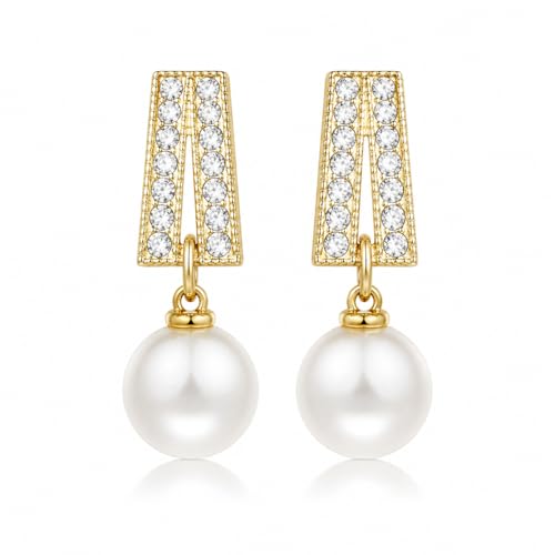 Pearl Clip on Earrings for Women - 14K Gold Silver Plated Cubic Zirconia Non Pierced Ear Clips Jewelry Gifts for Wedding Bridal Party Gifts - color: Gold-2 lines CZ