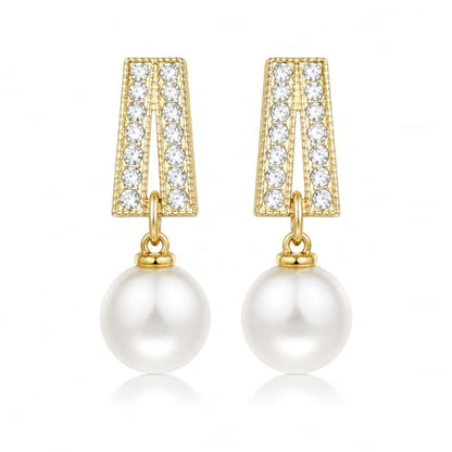 Pearl Clip on Earrings for Women - 14K Gold Silver Plated Cubic Zirconia Non Pierced Ear Clips Jewelry Gifts for Wedding Bridal Party Gifts - color: Gold-2 lines CZ