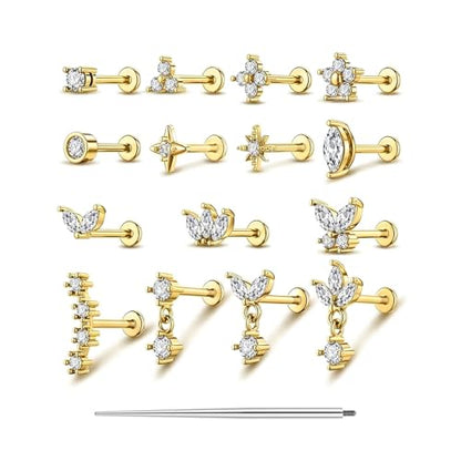 TOPBRIGHT 18G Surgical Steel Internal Thread Flat Back Stud Earrings - Hypoallergenic 14K Gold Plated Tragus/Helix/Nose/Conch/Medusa/Lip Piercing Jewelry for Women & Men