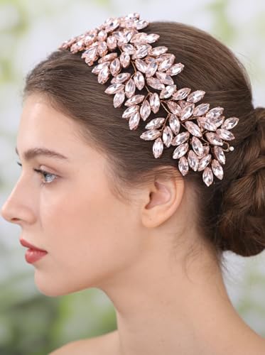 Missgrace Women Silver Green Black Red Blue Handmade Full Crystal Rhinestone Large Headband Hair Vine Shinny Headpiece Bridal Wedding Hair Accessories for Women (Rose gold pink) - color: Rose gold pink