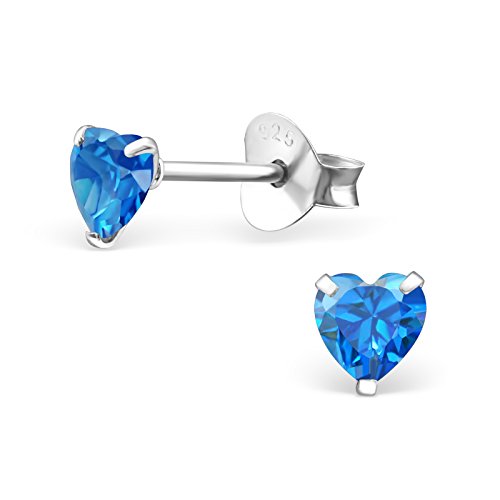 925 Sterling Silver 4mm Heart Birthstone CZ Stud Earrings 33210 (Choose Your Color) (Nickel Free) - color: London Blue Topaz