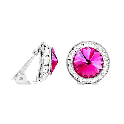 Rosemarie & Jubalee Women's Timeless Classic Statement Clip On Halo Earrings Made With Premium Crystals - color: 15mm, Fuchsia Pink Silver Tone