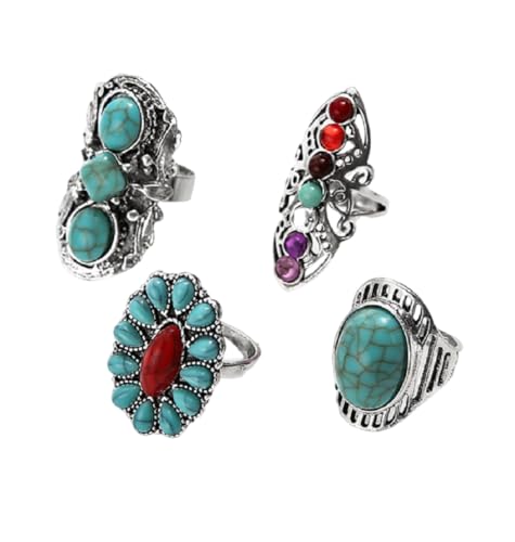 4 Pcs Bohemian Vintage Turquoise Oval Flower Rings for Women Geometric Ethnic Natural Stone Adjustable Silver Joint Knuckle Rings Western Cowgirl Statement Jewelry - color: silver
