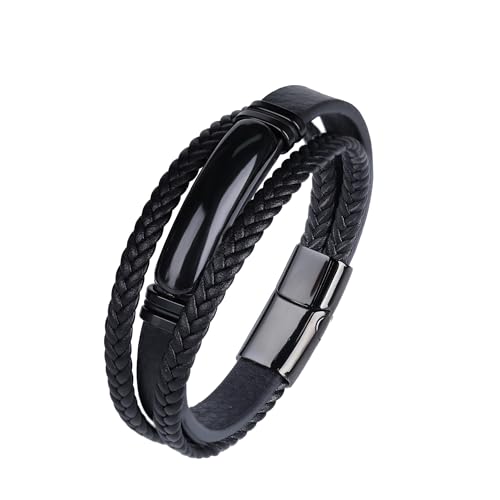 Mens Black Leather Obsidian/Turquoise/Tiger Eye/Red Agate Bracelet–Braided Multi‑Layer Wristband Cuff Bangle Bracelet with Stainless Steel Clasp Gift Jewelry Box Included - color: Obsidian Stone, size: 8.3in(Fits most wrists)
