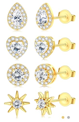 SAILIMUE Hypoallergenic Sterling Silver Stud Earrings for Women Men | Brilliant Heart Knot Round Cubic Zirconia Earring Studs for Sensitive Ears Gold Silver Tone - color: gold-B