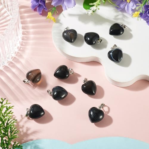 10Pcs Heart Stone Charm Pendants Natural Obsidian Gemstone Pendants with Platinum Brass Loops for DIY Necklace Keychains Earring Crafts Supplies - color: Obsidian