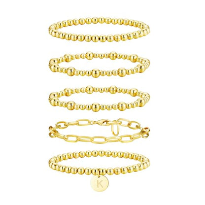 Beaded Bracelets for Women, 18K Gold Plated Initial A-Z Stretch Bead Ball Stackable Bracelet with Letter Jewelry Set Gifts - size: Gold-K
