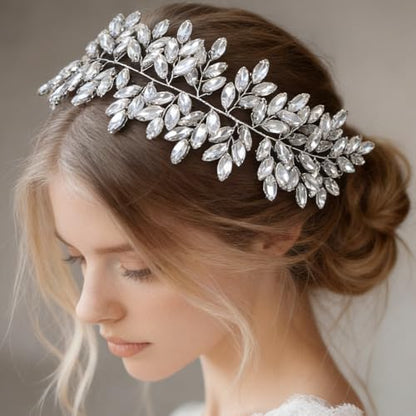 Missgrace Women Silver Green Black Red Blue Handmade Full Crystal Rhinestone Large Headband Hair Vine Shinny Headpiece Bridal Wedding Hair Accessories for Women (Silver) - color: Silver