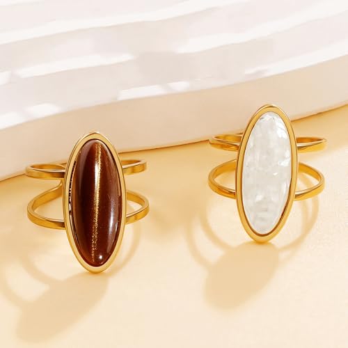 OIDIMS Fashion Geometric Oval Statement Ring for Women Gold-Tone Stainless Steel Dainty Faux Gemstone Adjustable Open Wedding Band Boho Trendy Comfirm Fit Wrap Finger Rings Cocktail Party Jewelry - color: White
