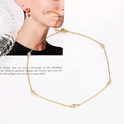 Tewiky Dainty 14k Gold Plated/Silver Cubic Zirconia Necklaces for Women, Simple CZ Jewelry Necklaces Trendy Gifts - color: Gold five choker CZ