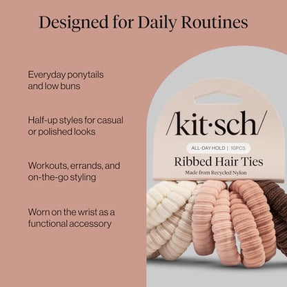 Kitsch Ribbed Hair Ties No Damage - Blush, 10pcs | Strong, Stretchy & Snag-Free Hair Bands – Soft Fabric Ponytail Holders, Stylish Elastics for Everyday Hairstyles - color: Blush Ribbed (Pack of 10)