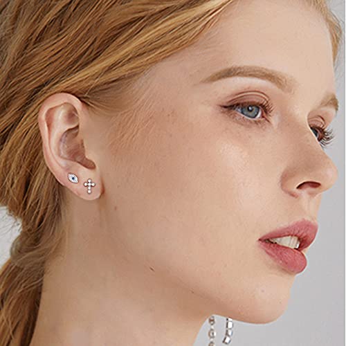 Cross Evil Eye Flower Love Heart CZ 16g Labret Cartilage Tragus Monroe Lip Nose Helix Studs Earrings Stainless Steel Cubic Zirconia Small Tiny Little Piercings Jewelry Gifts for Women Her Birthday Bff - style: silver
