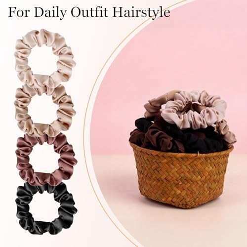 Ultra-Petite Satin Scrunchies for Women – 8PCS Neutral No Damage Hair Ties (Black, Blonde, Dark Brown, Light Brown) – No Crease, Frizz-Free, Gentle Elastic Bands for Day & Night, Perfect Gifts - color: Small-Neutral