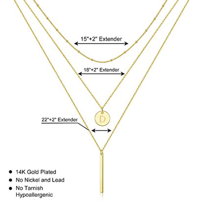 Initial Layered Necklaces for Women, 14K-Gold-Plated Coin Letter Necklace Bar Stacking Layer Necklace Multi Bar Layering Y-Necklaces Jewelry for Women - color: 14K-Gold-Plated, style: D