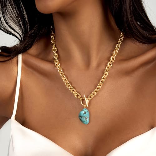 Zeffy 14K Gold/Silver Plated Chunky Thick Chain Toggle Clasp Necklace Dainty Baroque Pearl/Heart/Cross/Turquoise Pendant Necklace - color: Gold Turquoise Necklace