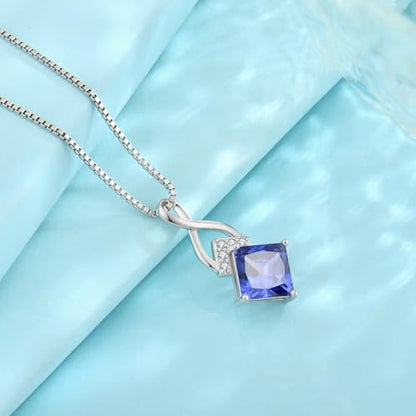 Infinity Necklace 925 Sterling Silver Princess Cut Pendant Birthstone Jewelry for Women - color: Violet Blue