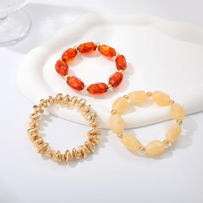GOOJIDS Simple Beaded Gold Plated Bangles Bracelet Chunky Bamboo Tube Curved Stacking Clear Acrylic Colorful Beads Stretchable Gold Plated Bracelets Set For Women - color: T Brown&Beige Beads Set