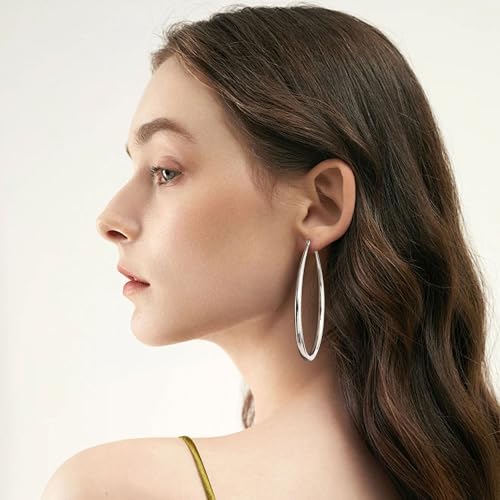 Gacimy Chunky Hoop Earrings for Women, 14K Gold Plated Oval Hoop Earrings with 925 Sterling Silver Post - color: Silver, size: 70mm
