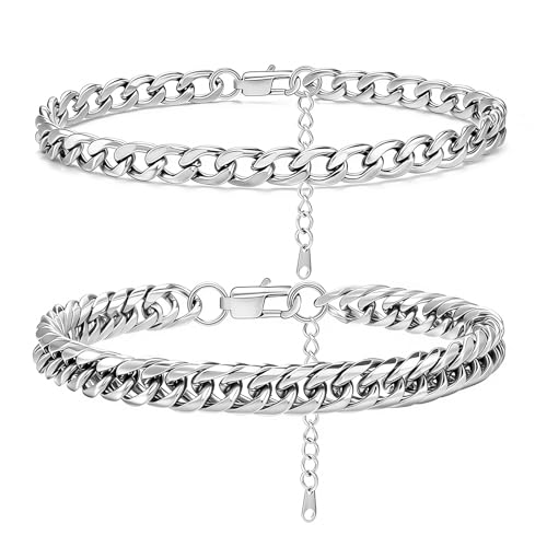 2PCS Ankle Bracelets for Women - Gold/Silver Plated Stainless Steel Anklets Set - Waterproof Layered Cuban Link Chain Anklet Bracelet Summer Beach Foot Jewelry Gifts for Women - color: Style 2-Silver