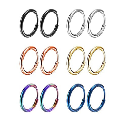 Osayia 316L Surgical Stainless Steel Small Hoop Earrings 8mm 10mm 12mm Hypoallergenic Huggie Thin Hoop Earrings Helix Lobes Hinged Sleeper Earrings Men Women for Cartilage Piercings - color: A: Diameter 8mm (6 Color),6 Pairs