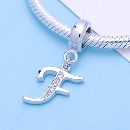 925 Sterling Silver Charms Alphabet Beads fit Pandora Charm Bracelets A-Z Letter Initial Spacer Dangle Clear CZ Stone Authentic for Snake Chain Bracelets - color: F