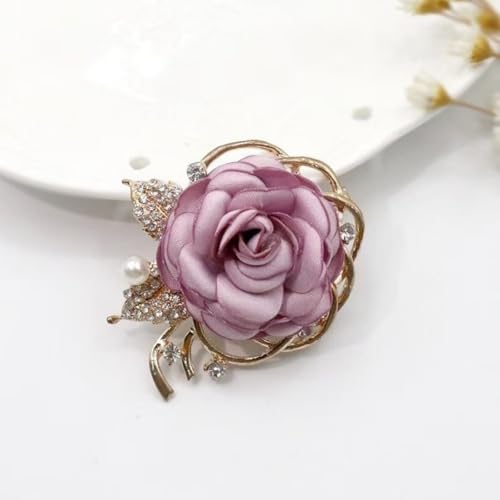 Handmade Elegant Red Rose Flower Brooch Pin for Women Crystal Pearl Fabric Flower Lapel Pin Dress Suit Accessories - color: Purple