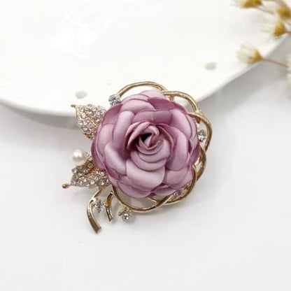 Handmade Elegant Red Rose Flower Brooch Pin for Women Crystal Pearl Fabric Flower Lapel Pin Dress Suit Accessories - color: Purple