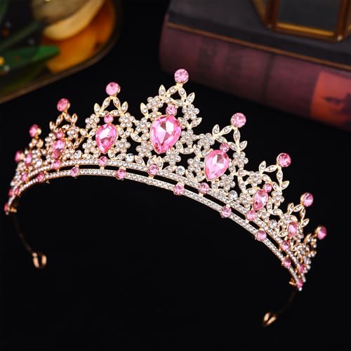 Crystal Crown and Tiara Jewelry Set for Women Bride with Necklace Earrings | Metal Rhinestone Royal Queen Princess Jewelry Set Wedding Quinceanera Pageant Prom Birthday Halloween Party Costume Gift - color: Pink