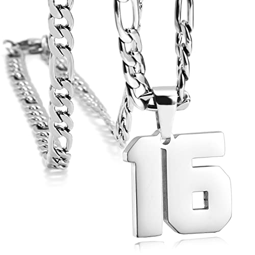 Personalized Number Necklaces for Mens,Stainless Steel Number Pendant Chain | Athletes Jersey Number Necklace;Baseball Basketball Football Sport Teams;Birthday Graduate Gift;Womens Mens Player - color: Silver, style: 16 Silver