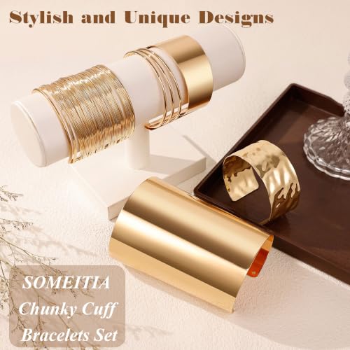 4PCS Chunky Cuff Bracelets Set for Women Hammered Chunky Bracelets Adjustable Open Wide Wire Bracelets Irregular Minimalist Coil Bangle Set Gold Silver Upper Arm Punk Jewelry - color: Gold B