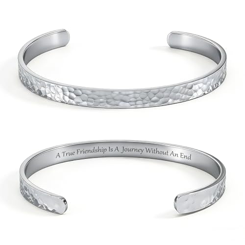 Inspirational Bible Verse Cuff Bracelet for Women, 18K Gold Plated Hammered Bangle, Christian Faith Jewelry Gift, Adjustable Non Tarnish - color: A true friendship is a journey without an end-Hammered Silver