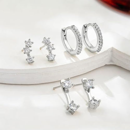 BG&WLing 3 Pairs Earring Set with Huggie Hoops Jacket Crawler Stud | Hypoallergenic, Cubic Zirconia, Huggie Hoops, Ear Climber Design, Earrings Jacket, Multi-Pierce Stack, Women's Jewelry - color: Silver