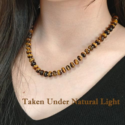 Boho Gemstone Beaded Necklace for Women – Colorful Natural Stone Choker 18K Solid Heart-Shaped Pendant, Summer Beach Jewelry - color: Yellow Tiger's Eye