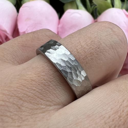 TUTISS 6mm 8mm Silver/Black/Gunmetal/Gold/Rose Gold Hammered Tungsten Rings for Men Women Couple Fashion Jewelry Engagement Wedding Bands Matte Finish Comfort Fit - color: 6mm Silver Tungsten