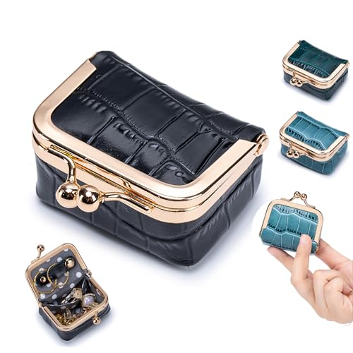 Genuine Leather Mini Jewelry Box & Coin Purse for Women, Travel Jewelry Case with Kiss Lock, Holds Earrings, Rings, Necklace, Bracelet, Coins (Black Crocdile Pattern) - color: Black Crocdile Pattern