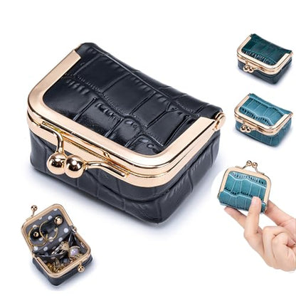 Genuine Leather Mini Jewelry Box & Coin Purse for Women, Travel Jewelry Case with Kiss Lock, Holds Earrings, Rings, Necklace, Bracelet, Coins (Black Crocdile Pattern) - color: Black Crocdile Pattern