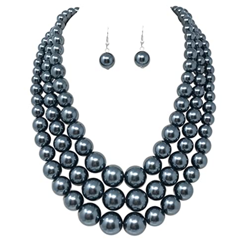 Rosemarie & Jubalee Women's 3 Colorful Multi Strands Simulated Pearl Necklace And Earrings Jewelry Gift Set, 18"+3" Extender - color: Dark Slate Gray Silver Tone