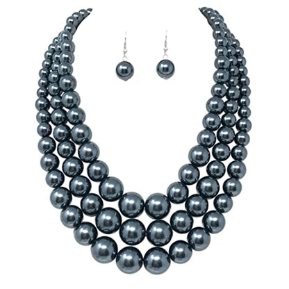 Rosemarie & Jubalee Women's 3 Colorful Multi Strands Simulated Pearl Necklace And Earrings Jewelry Gift Set, 18"+3" Extender - color: Dark Slate Gray Silver Tone