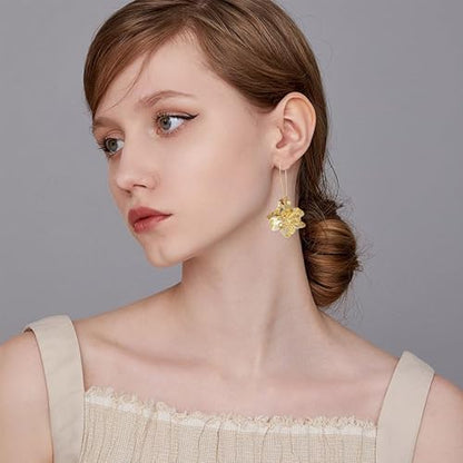 Bohemian Daisy Flower Matte Floral Long Petal Drop Dangle Earrings Layered Tiered for Women Chic Boho Wedding Jewelry - color: Gold