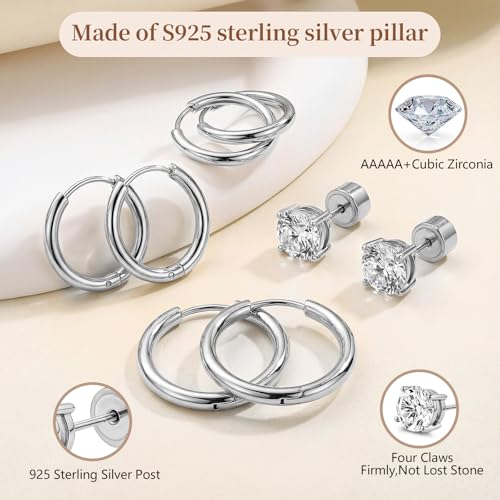 Hypoallergenic Surgical Steel Earrings, 20G Sparkling Cubic Zirconia (CZ) Flat Back Studs & Hoops, Earrings for Sensitive Ears, Cartilage & Helix Piercing Jewelry - color: silvery