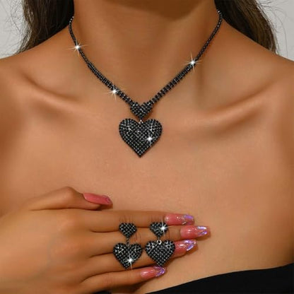 Crystal Heart Bridal Wedding Jewelry Set Silver Rhinestone Necklace Earrings Bracelet Sets Formal Costume Jewelry for Women and Brides - color: Black Necklace Earrings