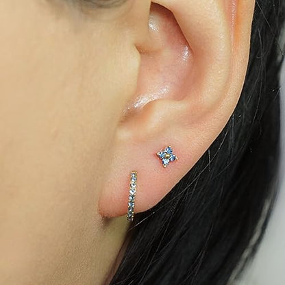QueenBee 14K Gold Plated Ivy Flower Birthstone Stud Earrings for Women Dainty Floral Gemstone Studs Unique Jewelry Gift for Her - color: Dec-Blue topaz