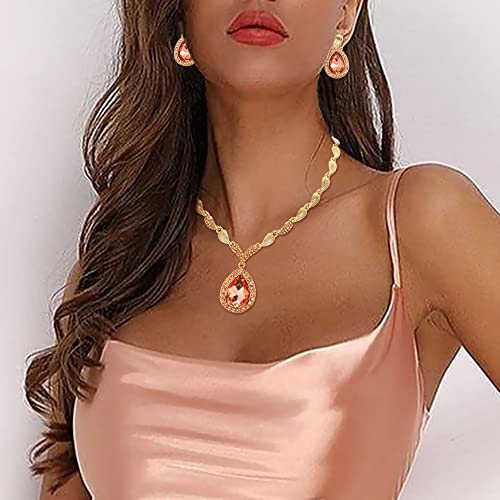Womens Africa 18k Gold Plated Jewelry Set Crystal Rhinestones Petals Teardrop Cluster Bib Statement Necklace Link Bracelet Dangle Earrings Ring for Prom - color: 06-Peach Rose-Gold-Plated-Base